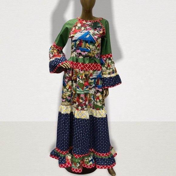 Cute Hobo Styled Maxi Dress Bird & Multi Print Cotton Long Ruffled Dress Women - Picture 1 of 8